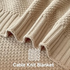 100% Cotton Throw Blanket, Solid Color Cable Knitted Throw 50×60″ Light Khaki