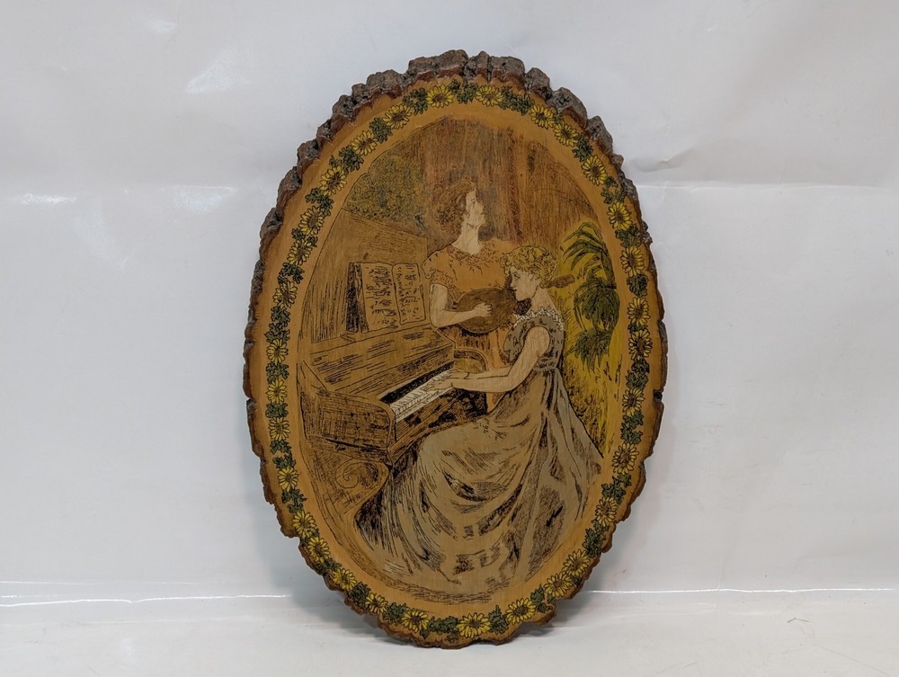Handmade Wood Slice Wall Plaque Victorian Music Scene Bark Edge as shown