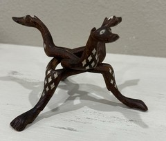 VTG Hand Carved Wood Tripod Holder Stand Mother Of Pearl Inlay See Description