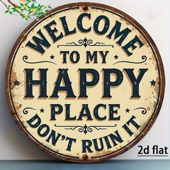 Vintage “Welcome To My Happy Place” Round Metal Sign Funny Home Wall Decoration