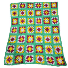 Vtg Grandma Hippie Square Afghan Throw Blanket Green Approx 41.5”x34.5” Handmade
