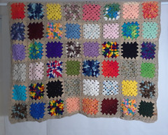 Hand Knit Afghan Lap Blanket Granny Squares 46 x 66 in Tan Boarder New