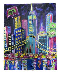 11”x14” Cityscape At Night/ ORIGINAL PAINTING On Canvas, Signed By Artist