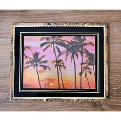 Vintage 80s Tropical Sunset Framed Art Palm Trees Couple Beach Pink Purple Large