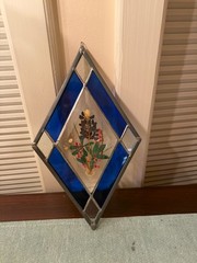 Vintage Diamond Shaped Suncatcher w/Pressed Flowers Colbalt Blue 12″x7″