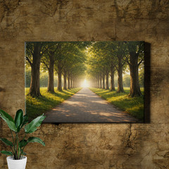 Forest Road Landscape Sunlight Filtering Wood Framed Canvas Art