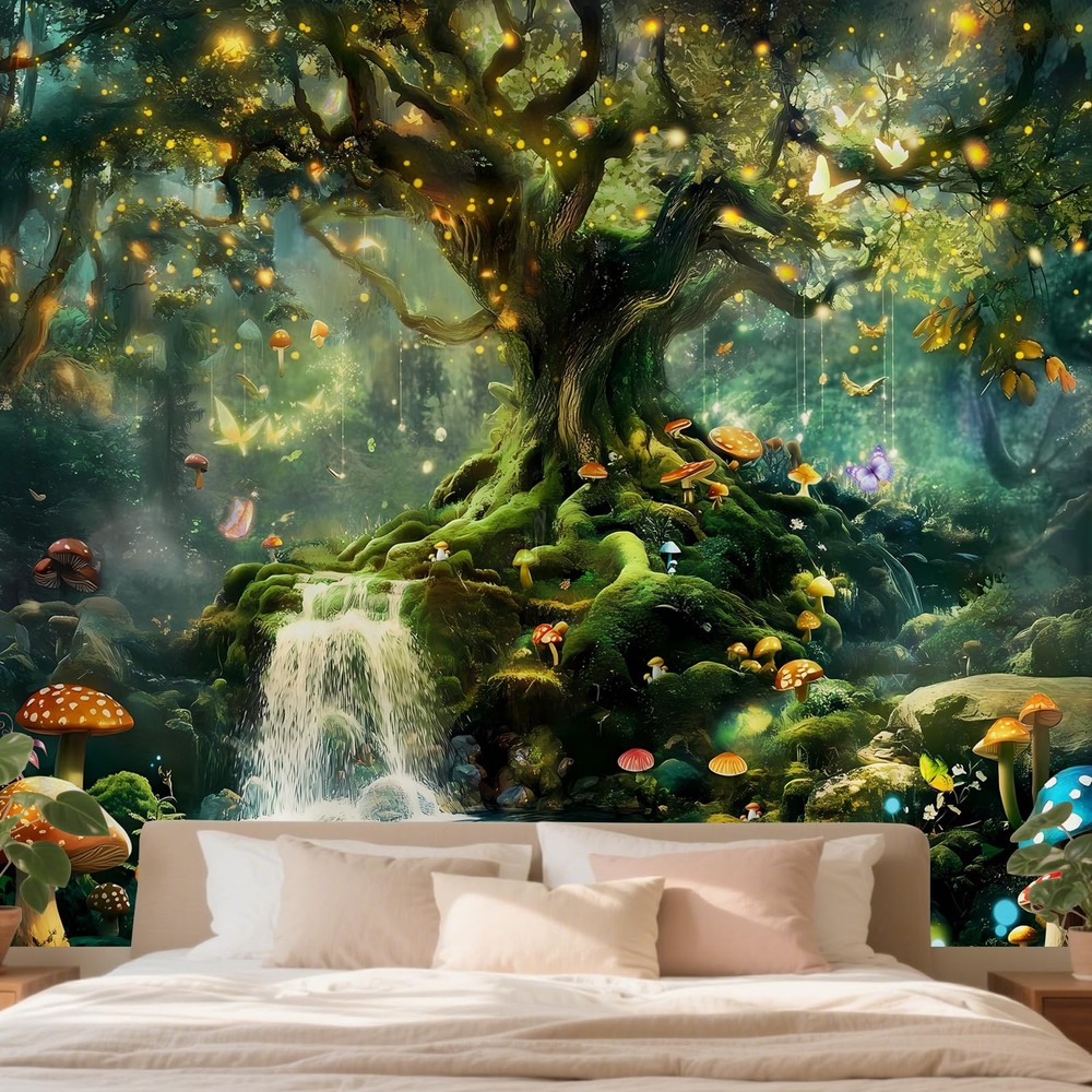Forest Wall Tapestry for Bedroom, Nature Green Tree of Life Tapestries Wall Hang