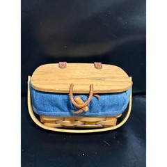 Longaberger Small Picnic Veg Basket Wood Lid Single Handle 1992 Leather Hinges