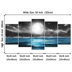 Large Full Moon Picture 5 Pieces Wall Art Black and Blue Painting Canvas Prin…