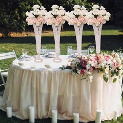 (PACK OF 4) 21″ Tall Gold Crystal Beaded Metal Trumpet Vase Table Centerpiece