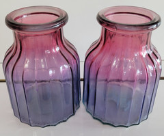 2 GREENBRIER INTL GLASS VASES BLUE BOTTOM RASPBERRY PINK TOP 6 INCHES