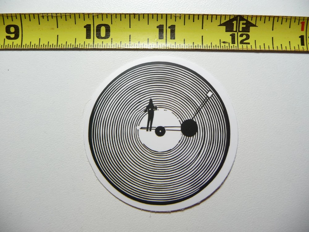 VINYL RECORD STYLE SMALL STICKER DECAL LP DJ TURNTABLE MAN ON ARM MUSIC CONCERT