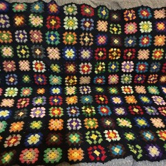 Vintage Handmade Crochet Granny Square Afghan Multi-Color Black Boho Throw 62×46