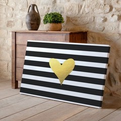 Gold Heart Canvas Wall Art with Black White Stripes Modern Minimalist Decor