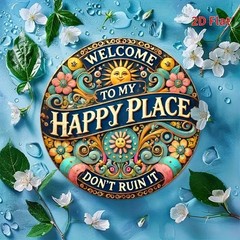 Welcome To My Happy Place Round Metal Sign Boho Floral Sun Tin Wall Art Decor