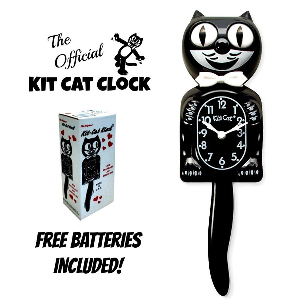 CLASSIC BLACK KIT CAT CLOCK 15.5″ Free Battery USA MADE Official Kit-Cat Klock