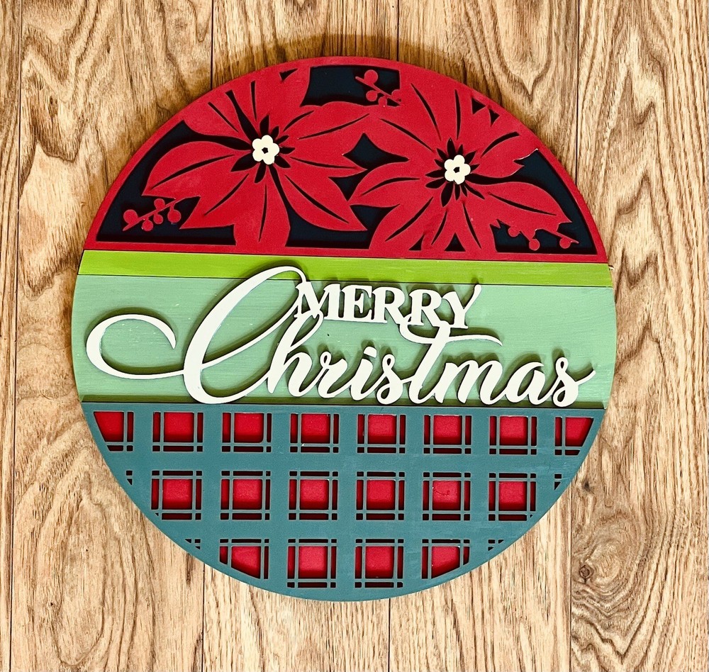 Merry Christmas Round Door Sign 15” Hand Painted Laser Cut Home Decor Holidays