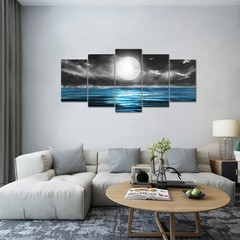 Large Full Moon Picture 5 Pieces Wall Art Black and Blue Painting Canvas Prin…