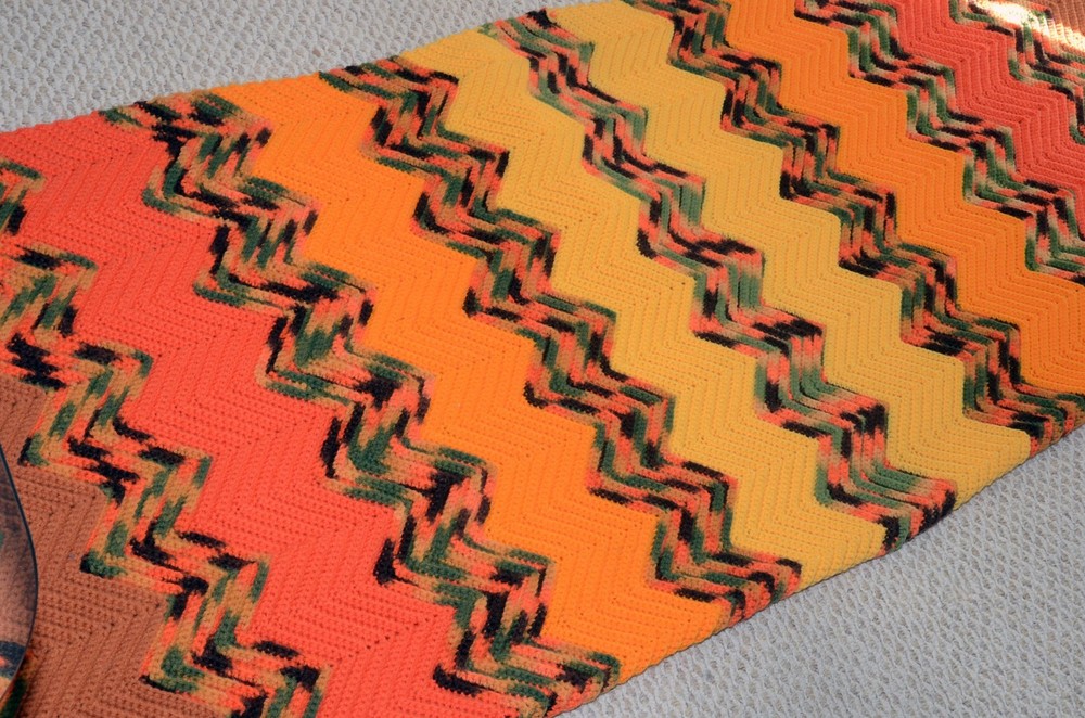 Blanket Afghan Throw 90×68 Orange Brown Chevron Crochet Vintage