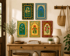 5 pc Hand Painted 12 X 18 inch Wooden frame Floral Wall Art Handmade Home Decor