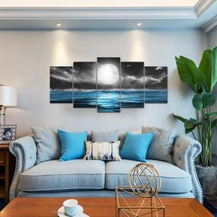 Large Full Moon Picture 5 Pieces Wall Art Black and Blue Painting Canvas Prin…