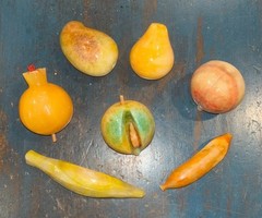 Old Antique Vintage Carved Stone Marble Fruit 7 Piece Peach Banana Plantain Pear