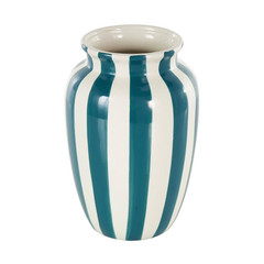 10 In. White round Wide Ceramic Decorative Vase with Teal Vertical Stripes