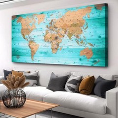 Large Wall Art Blue map of The World Painting Ready to Hang 20″x40″Large Fram…