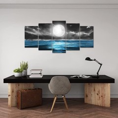 Large Full Moon Picture 5 Pieces Wall Art Black and Blue Painting Canvas Prin…