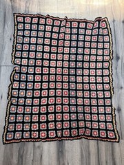 Vintage Crochet Granny Square Blanket Throw 48″x38″ Black Multicolor Handmade Af