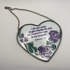 Sun Catcher Heart Shaped w/ Ephesians 1:16 Purple Flowers In Memory 5.25”