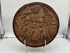 Vintage 15.75” Hand Carved Solid Wood Folk Art Village Scene Round Wall Plaque
