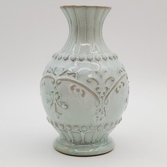 Greenleaf Vase 5.5in Robins Egg Blue Tan Ceramic Embossed Reed Diffusers Flowers