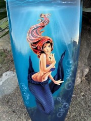 Mermaid Decorative Surfboard Wall Plaque Mango Wood Purple Sunset 39″x 10″