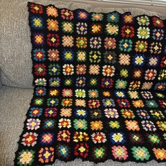 Vintage Handmade Crochet Granny Square Afghan Multi-Color Black Boho Throw 62×46