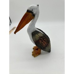 Pelican Figurine Coastal Nautical Hand Painted Rustic Decor White Brown 13in