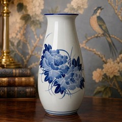 Blue White Porcelain Vase Vintage Hand Painted Floral Chinoiserie Asian