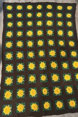 VTG Handmade Crochet Afghan 3D Brown Yellow Rose Blanket 80×60 Granny Square
