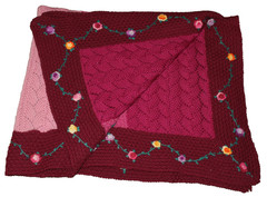 VTG handmade knitted afghan throw hand embroidered flowers 80″ x 52″ maroon pink