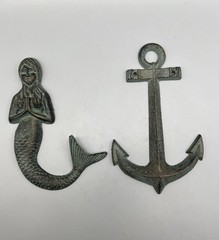 Cast Iron Mermaid And Anchor Nautical Themed Patina Look Wall Decor Coastal 7”