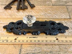 Antique Style Cast Iron & Glass Door Knob Plate Wall Hook & Skeleton Key Set