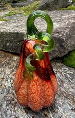 Blown Glass Art Glass Gourd Variations of Orange Coiled Green Stem 7.5”