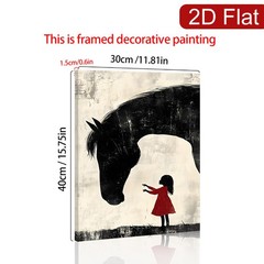 Girl in Red Dress with Black Horse Canvas Wall Art, Minimalist Silhouette Decor
