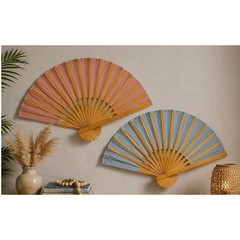 Large Vintage Bamboo Wall Fan Pair Asian Oriental Boho Coastal Wall Decor