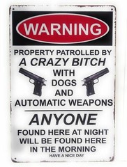 Warning! Property Patrolled by A Crazy Bitch With Dogs Tin Sign, 8-in by 12-in