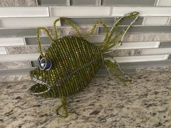 Beaded wire fish green tropical handmade marble eyes home decor nautical
