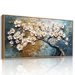 Large Tree of Life Wall Art – Blue & White Abstract Canvas Decor 20″x40