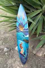Mermaid Decorative Surfboard Wall Plaque Mango Wood Purple Sunset 39″x 10″