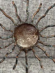 Vintage Copper Sun Face Wavy Rays Wall Decor With Candle Holder Verdigris Patina