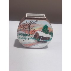 Hand Painted Winter Cabin Scene Ceramic Bud Vase Rustic Folk Art Landscape